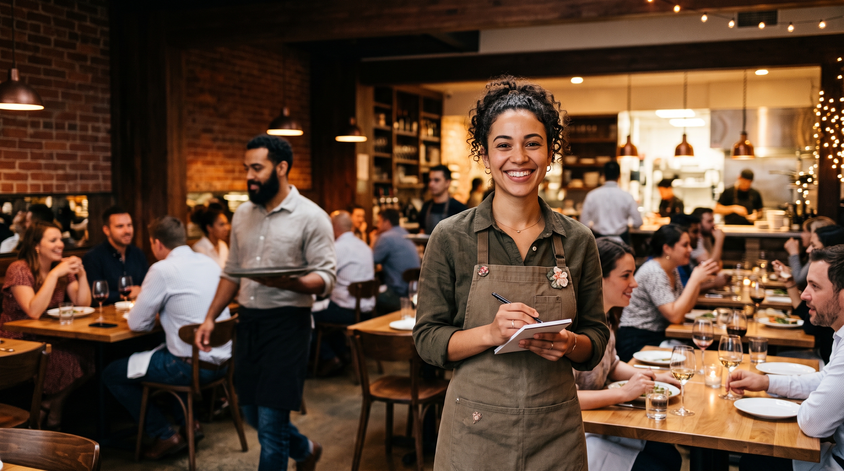 A smiling restaurant server standing confidently in an active dining room.