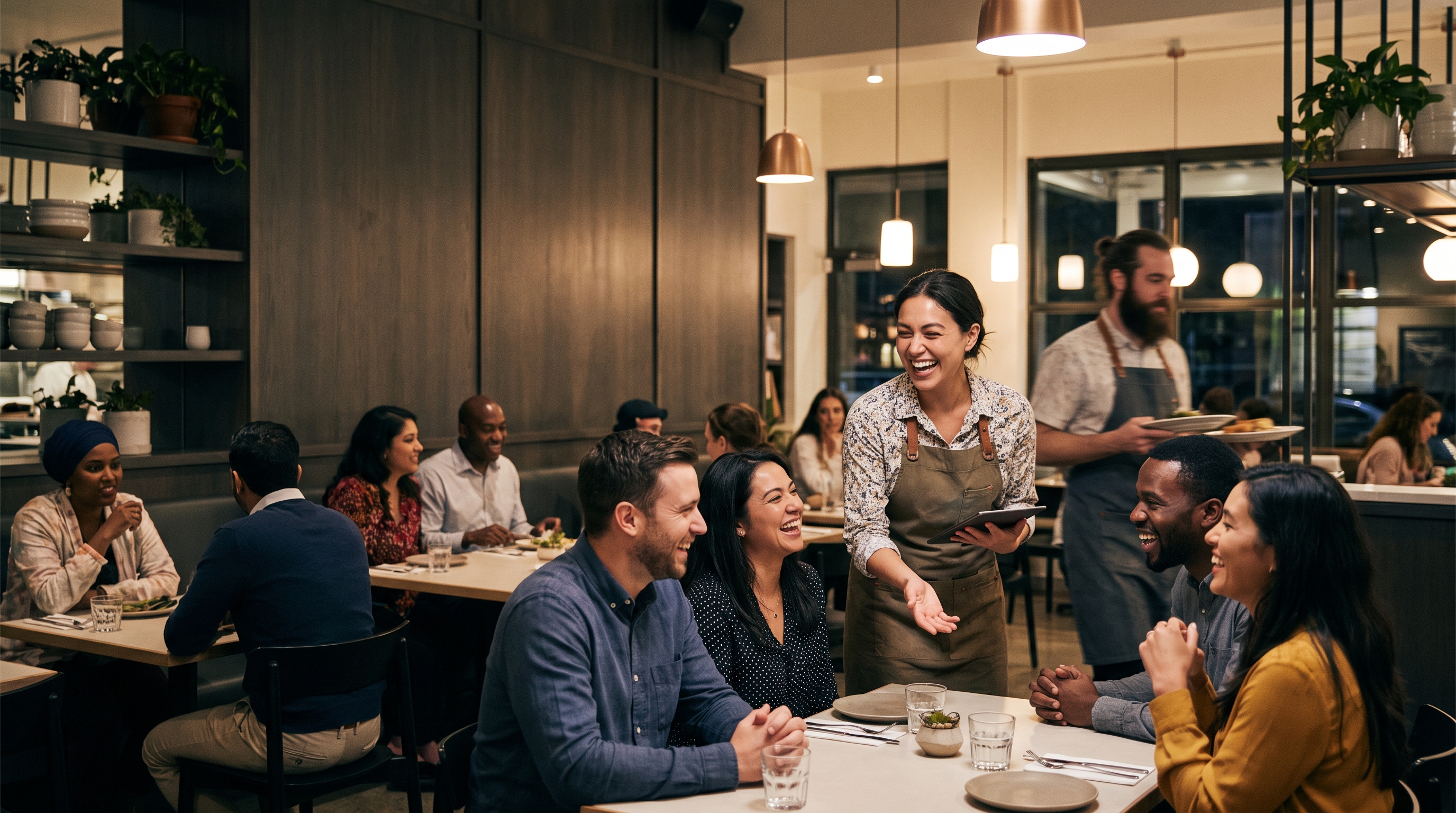A restaurant server connecting warmly with guests during service.